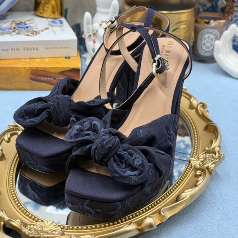 🆕 TED BAKER 🧿 NWOT MADDY Blue Floral Embroidered Bow Platform Sandals, Sz 6 - Picture 2 of 15